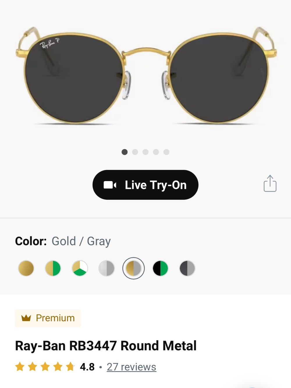 Ray-Ban Gold and Black Lens RB3447 Round Metal Sunglasses